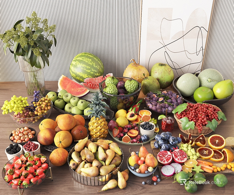 Vibrant Assorted Fruits Display Including Watermelon Pineapple Apples Grapes And Berries In Baskets 3d model 