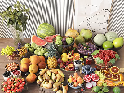 Vibrant Assorted Fruits Display Including Watermelon Pineapple Apples Grapes And Berries In Baskets 3d model
