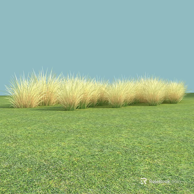 Lush Green Grassland With Yellow Grass Clumps Under Clear Blue Sky 3d model 