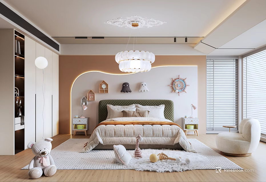 Kids Room Interior With Cozy Bed Cloud Chandelier Stuffed Toys Decorative Wall Art And Bookshelf 3d model 
