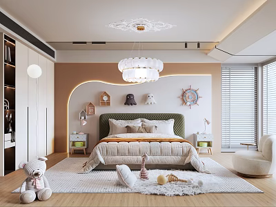 Kids Room Interior With Cozy Bed Cloud Chandelier Stuffed Toys Decorative Wall Art And Bookshelf 3d model