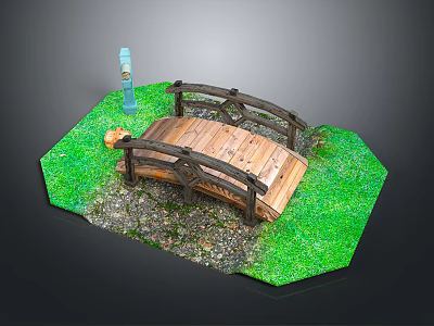 Wooden Garden Bridge Landscape Design With Green Grass Gravel Ground And Small Blue Fountain 3d model