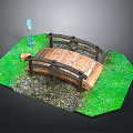 Wooden Garden Bridge Landscape Design With Green Grass Gravel Ground And Small Blue Fountain