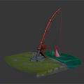 Colorful Fishing Rod Setup On Grassy Base With Blue Water Area And Pink Fish