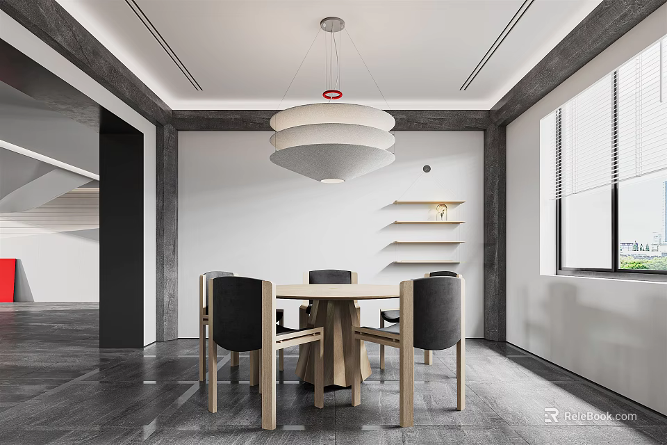 Modern Minimalist Restaurant Interior With Wooden Dining Table Black Back Chairs And White Pendant Light 3d model 