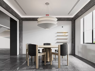 Modern Minimalist Restaurant Interior With Wooden Dining Table Black Back Chairs And White Pendant Light 3d model
