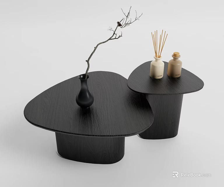 Modern Black Irregular Coffee Table with Vase Twig and Aromatherapy Bottles 3d model
