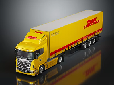 Yellow DHL Delivery Truck Model With Trailer And Red Logo 3d model