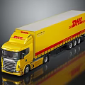 Yellow DHL Delivery Truck Model With Trailer And Red Logo