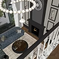 Duplex Living Room With Blue Sofa Fireplace Round Chandelier Large Windows And Coffee Table