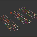 Colorful Small Food Items Arranged in Rows with Vibrant Colors and Shapes