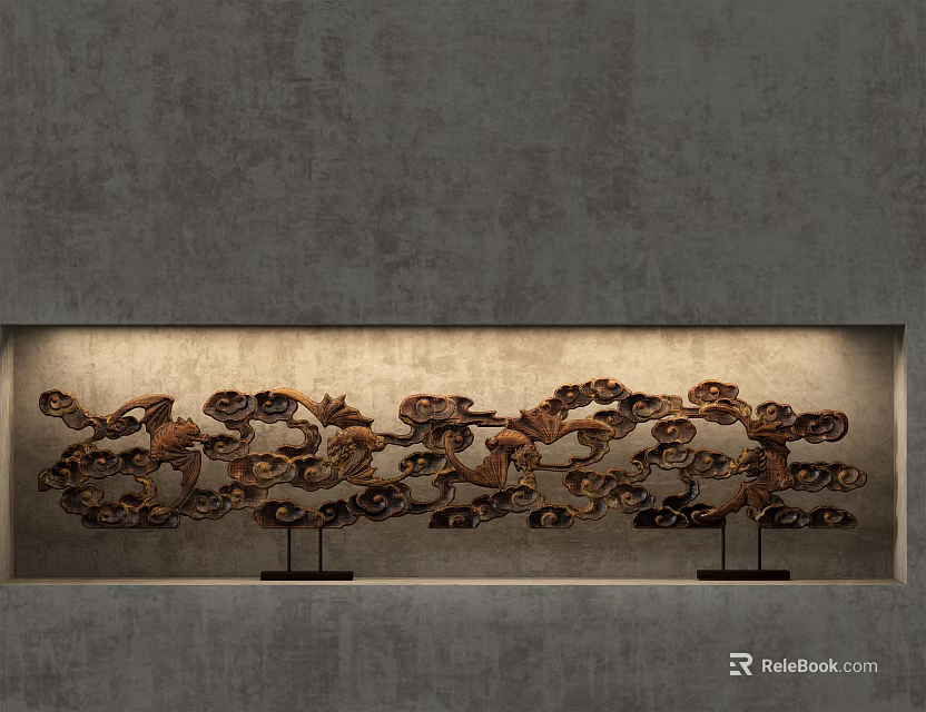 Brown Abstract Flower Leaf Ornament Set In Gray Background Display Case With Black Stands 3d model 