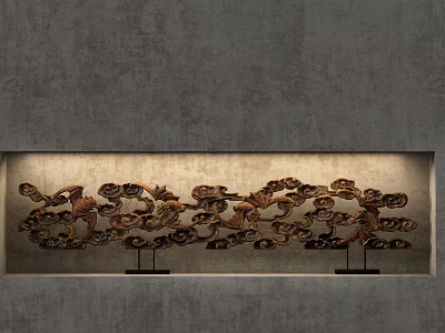 Brown Abstract Flower Leaf Ornament Set In Gray Background Display Case With Black Stands 3d model