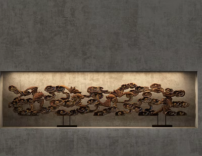 Brown Abstract Flower Leaf Ornament Set In Gray Background Display Case With Black Stands 3d model