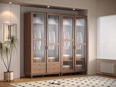 Modern Wooden Wardrobe Design With Glass Doors And Drawers In Interior 3d model