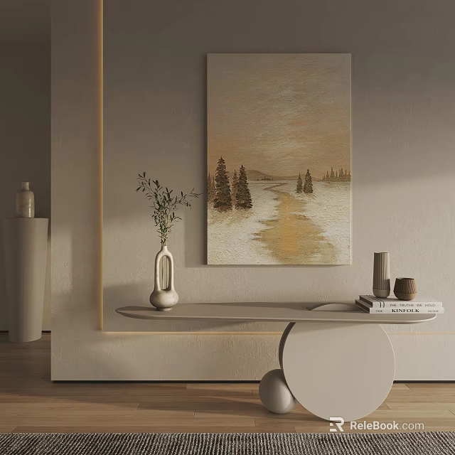 Framed Landscape Painting With Trees Golden Path White Table Vase And Light Gray Wall 3d model 