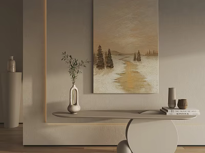 Framed Landscape Painting With Trees Golden Path White Table Vase And Light Gray Wall 3d model