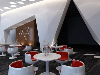 Modern Sales Office Interior Design With White Round Tables Red Chairs And Geometric Walls 3d model