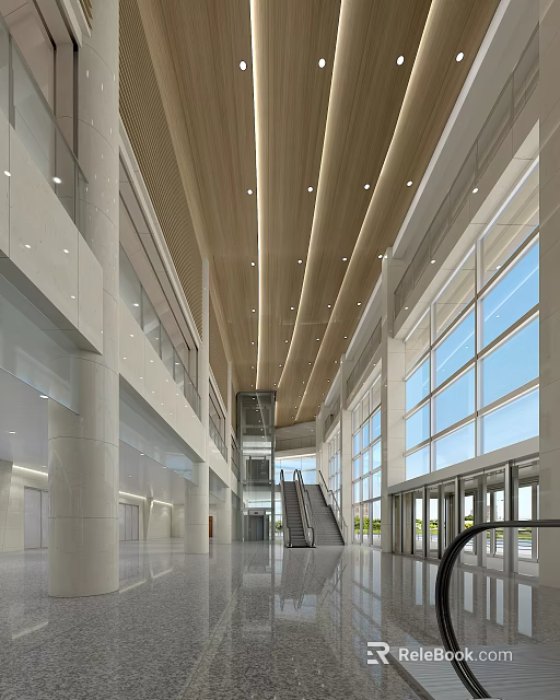 Modern Front Desk Reception Lobby With Glass Windows Wooden Ceiling Elevator And Marble Columns 3d model 