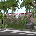 Pink Pergola In Garden With Palm Trees Green Plants Flower Bushes And Stone Basin