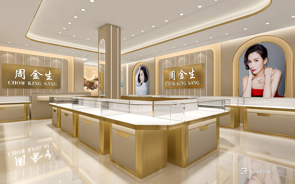 King Sang Jewelry Store Luxury Interior Featuring Golden Counters Display Cases And Female Model Posters 3d model 