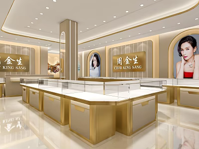 King Sang Jewelry Store Luxury Interior Featuring Golden Counters Display Cases And Female Model Posters 3d model