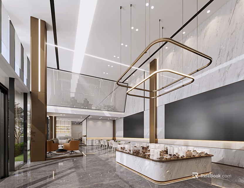 Modern Sales Office Interior With Open Layout Marble Decor Pendant Lights And Display Counter 3d model 