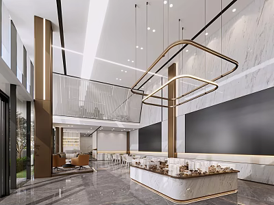 Modern Sales Office Interior With Open Layout Marble Decor Pendant Lights And Display Counter 3d model