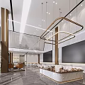 Modern Sales Office Interior With Open Layout Marble Decor Pendant Lights And Display Counter