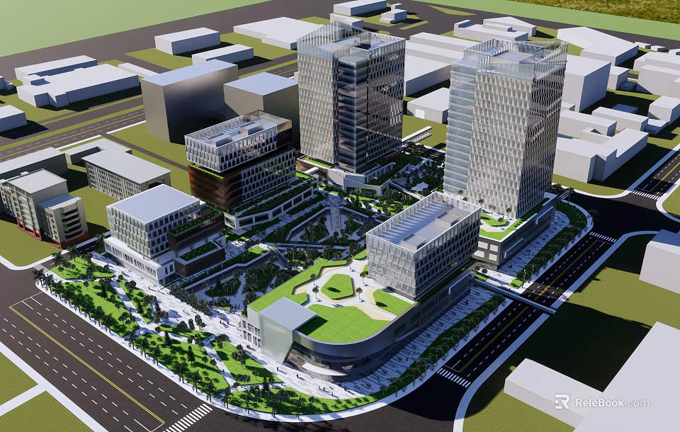 Modern High Rise Office Buildings With Central Plaza And Greenery In Urban Area 3d model 