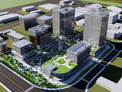 Modern High Rise Office Buildings With Central Plaza And Greenery In Urban Area 3d model