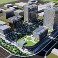 Modern High Rise Office Buildings With Central Plaza And Greenery In Urban Area