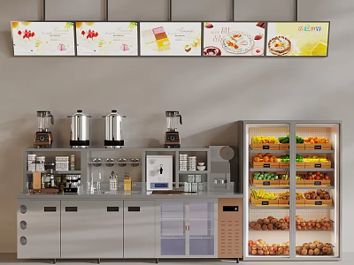 Bubble Tea Shop Interior Featuring Display Fridge Coffee Machines Fresh Fruits Ingredients And Counter 3d model
