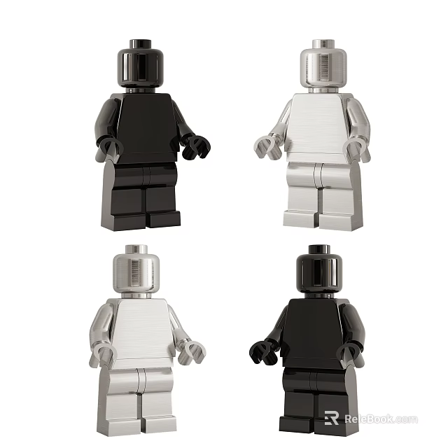 Four Black And Silver Toy Dolls In Standing Poses On White Background 3d model 