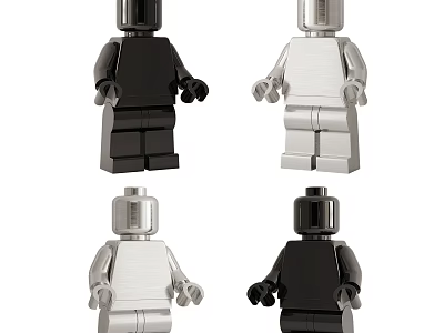 Four Black And Silver Toy Dolls In Standing Poses On White Background 3d model