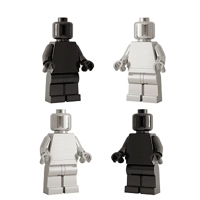 Four Black And Silver Toy Dolls In Standing Poses On White Background 3d model