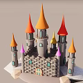 Colorful Cartoon Castle With Orange Red Yellow Purple Spires And Stone Brick Walls