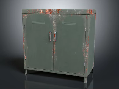 Vintage Green Metal Storage Cabinet with Double Doors Rustic Details and Iron Legs 3d model