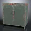 Vintage Green Metal Storage Cabinet with Double Doors Rustic Details and Iron Legs