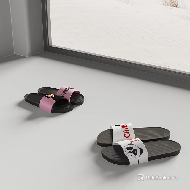 Comfortable Pink and White Slippers with Bear Panda Patterns and CHINA Text Design 3d model 