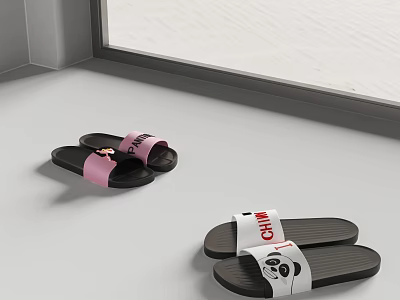 Comfortable Pink and White Slippers with Bear Panda Patterns and CHINA Text Design 3d model