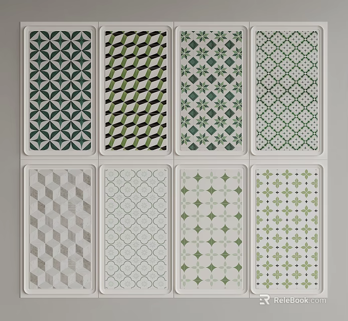 Decorative Background Wall With Striped Diamond Grid And Geometric Patterns In Green Grey White 3d model