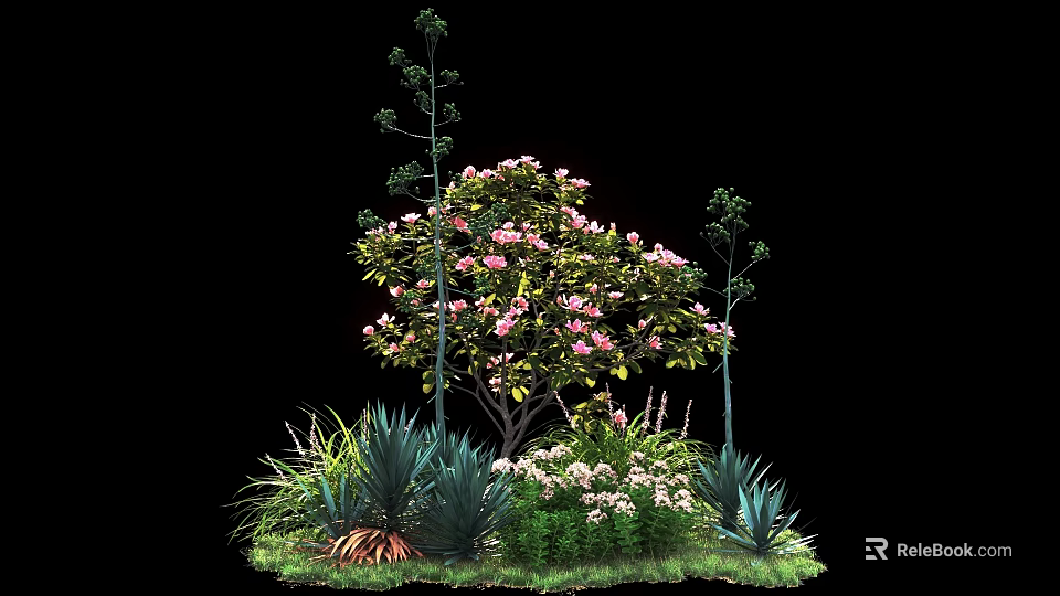 Lush Shrub with Pink Blossoms and Green Foliage in Garden with Grass and Small Trees 3d model 