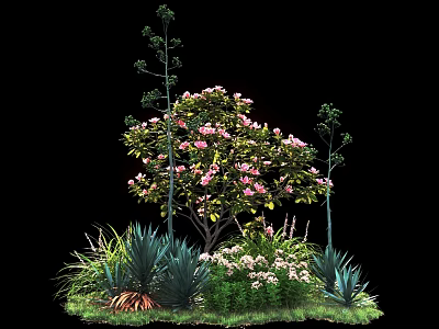 Lush Shrub with Pink Blossoms and Green Foliage in Garden with Grass and Small Trees 3d model