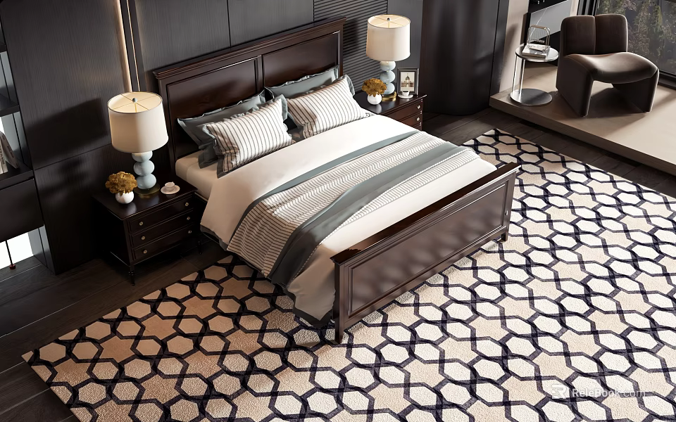 Double Bed with Dark Wood Headboard Nightstands Table Lamps on Geometric Rug in Modern Bedroom 3d model 