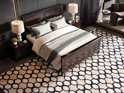 Double Bed with Dark Wood Headboard Nightstands Table Lamps on Geometric Rug in Modern Bedroom 3d model