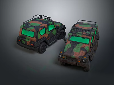 Military Style Camouflage Off Road Vehicles Featuring Green Windows And Roof Racks 3d model