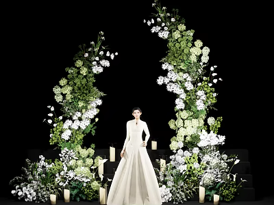 Floral Decoration Arch With Green Plants White Flowers And Candle Decor For Wedding Scene 3d model