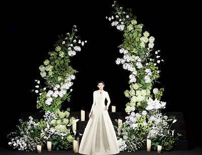 Floral Decoration Arch With Green Plants White Flowers And Candle Decor For Wedding Scene 3d model