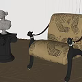 Elegant Accent Chair with Black Frame Patterned Fabric Near Pedestal Statue and Wooden Floor Blinds